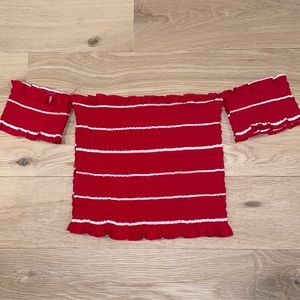 Poof red & white stripped off the shoulder crop top